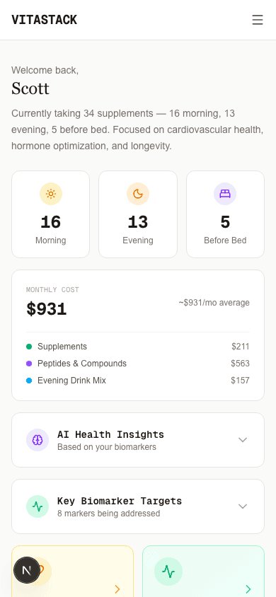 VitaStack dashboard showing supplement schedule and costs